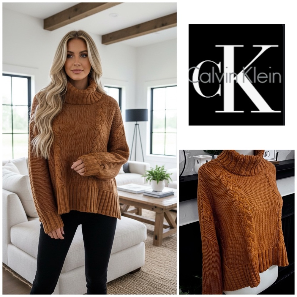 Calvin Klein Jeans Camel Cropped Cowl Neck Sweater